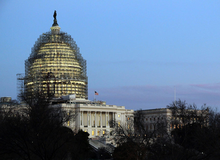 United States Capitol Dome Scaffolding At Dusk Photograph by Cora Wandel