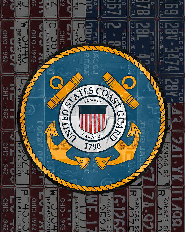 United States Coast Guard Logo Recycled Vintage License Plate Art Mixed Media by Design Turnpike