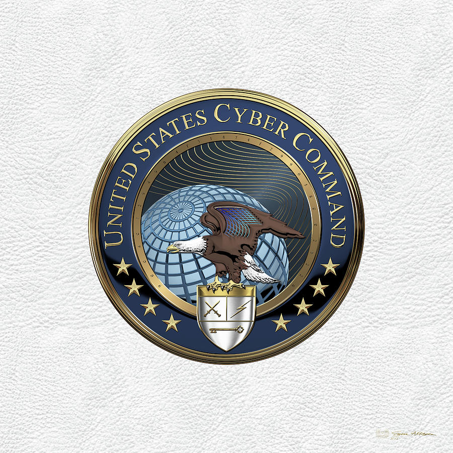 United States Cyber Command - C Y B E R C O M Emblem over White Leather Digital Art by Serge Averbukh