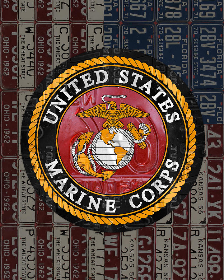 Vintage Mixed Media - United States Marine Corps Logo Vintage Recycled License Plate Art by Design Turnpike