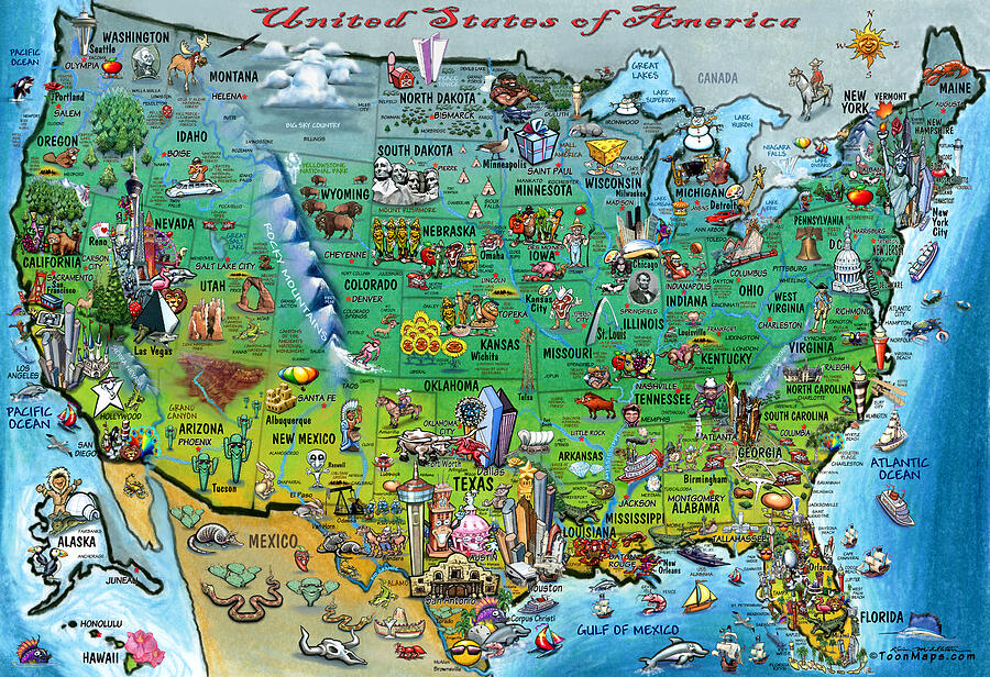 United States of America Fun Map Digital Art by Kevin Middleton | Fine