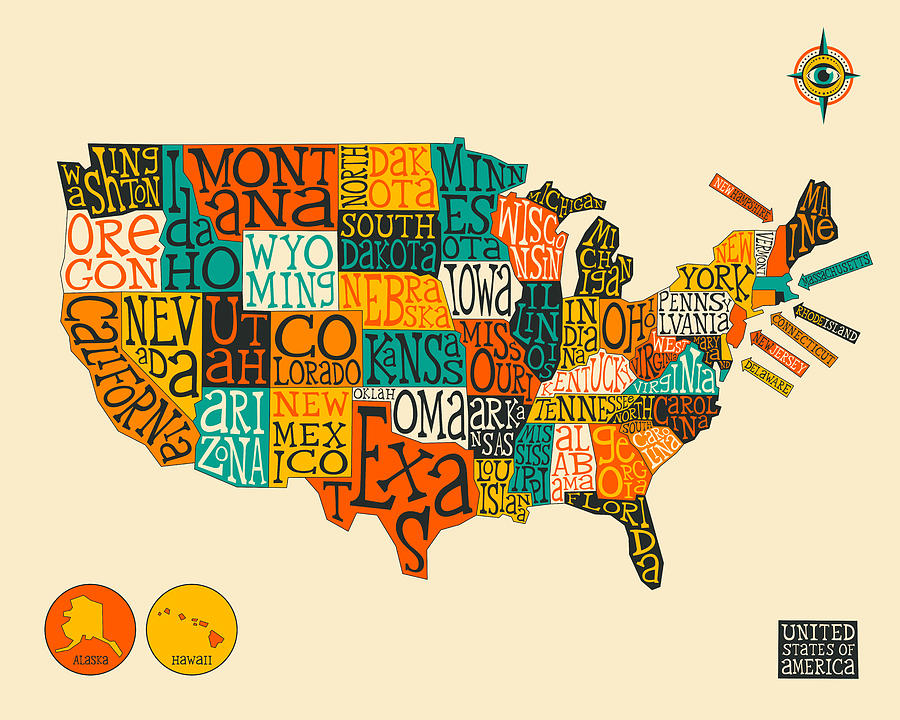 United States Map Typography Digital Art by Jazzberry Blue