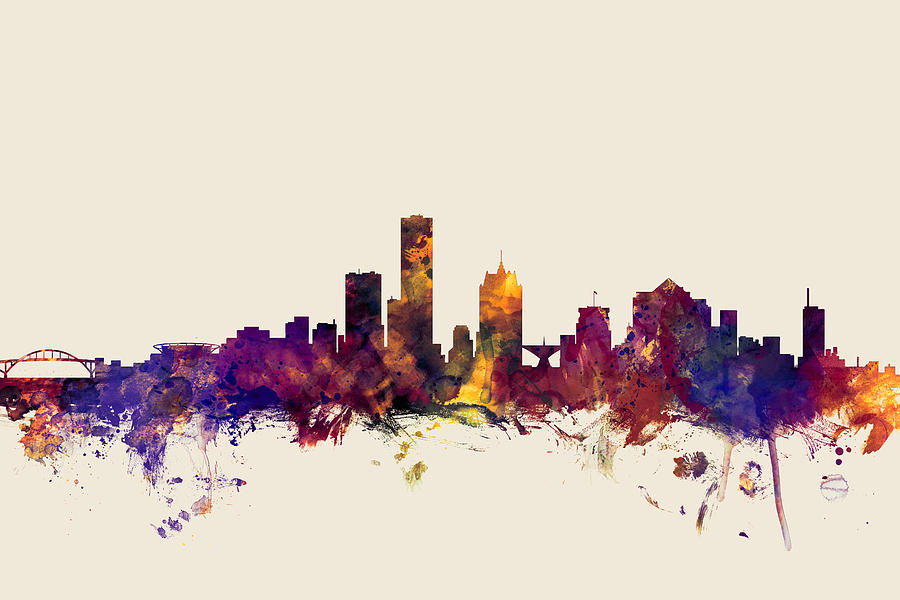 united states, usa, city skyline, watercolour, watercolor, urban,  silhouette, cityscape, Minneapoli Digital Art by Michael Tompsett