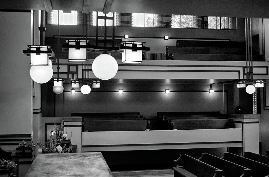 Unity Temple Interior Black and White Photograph by Jim Shackett