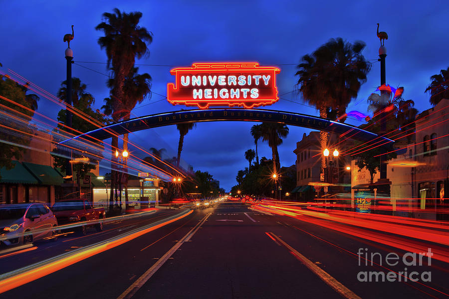 University Heights Neon Sign with Traffic Light Trails Photograph by Sam Antonio
