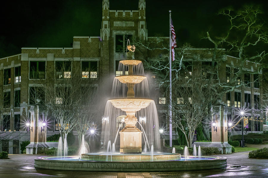 University of North Alabama Fountain at Night Photograph by James-Allen