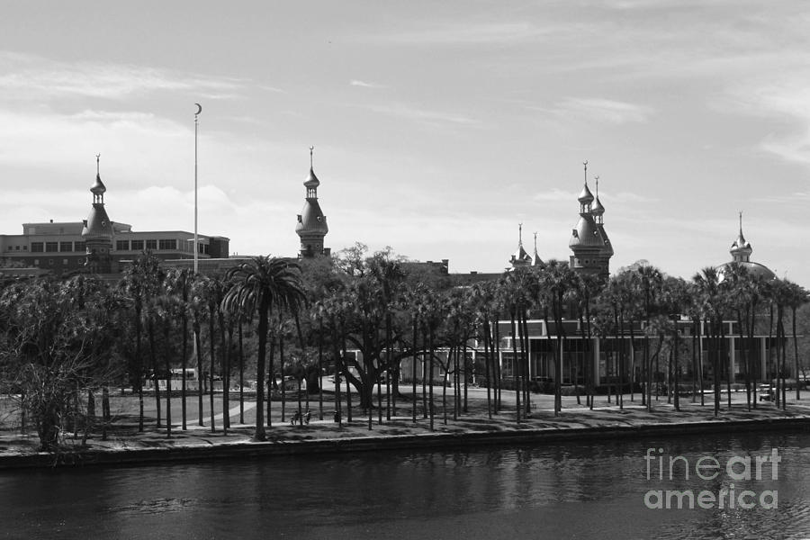 University of Tampa with River - Black and White Photograph by Carol Groenen