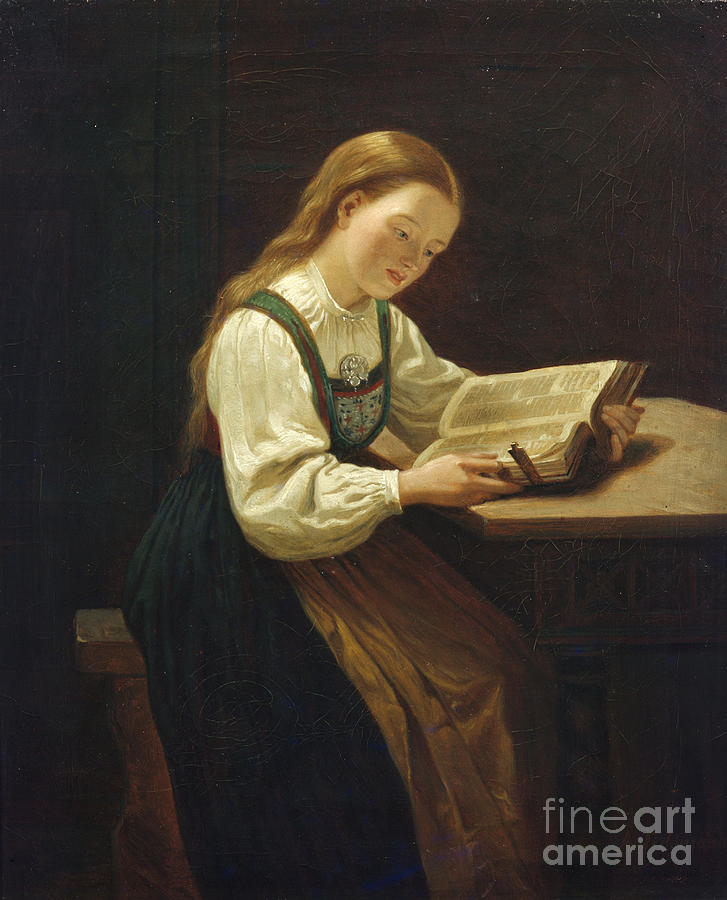 Girl reading Painting by Adolph Tidemand