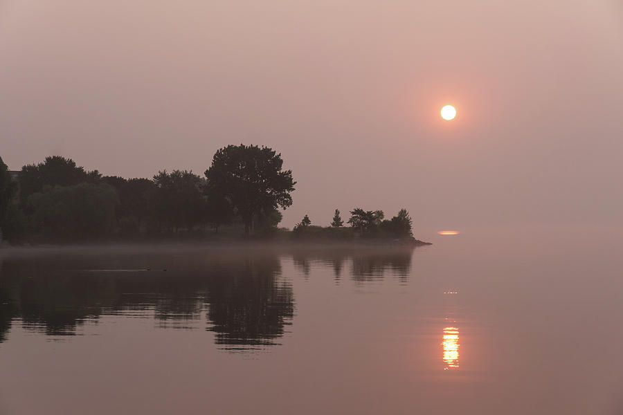 Sunset Photograph - Silky Pink Sunrise - Soft Fog Shimmer on the Lake by Georgia Mizuleva