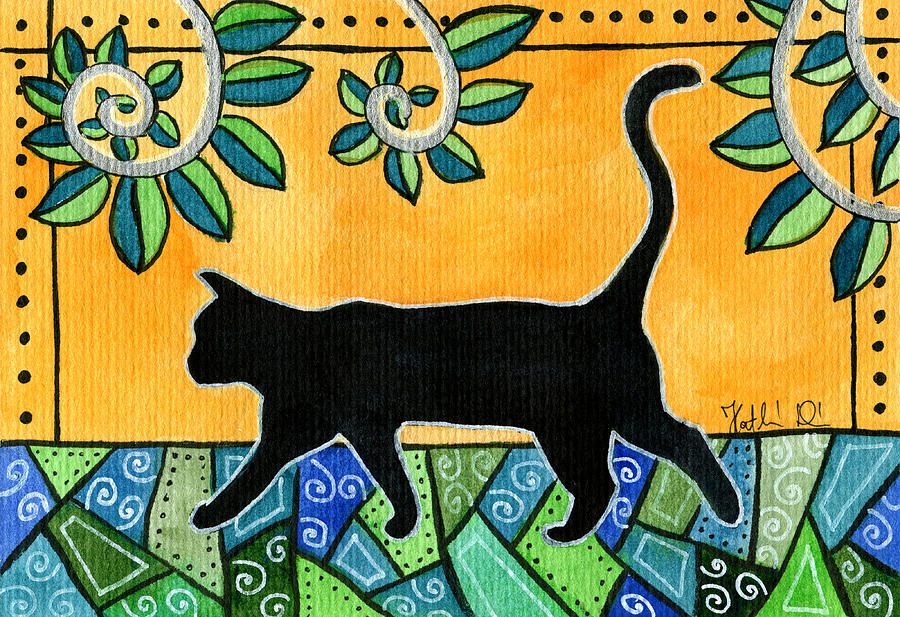 Up To Something - Black Cat Card Painting by Dora Hathazi Mendes