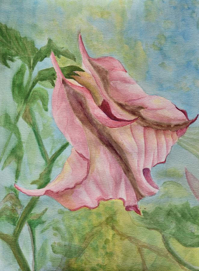 Pink Trumpet Flower Painting - Upside Down Watercolor I by Linda Brody