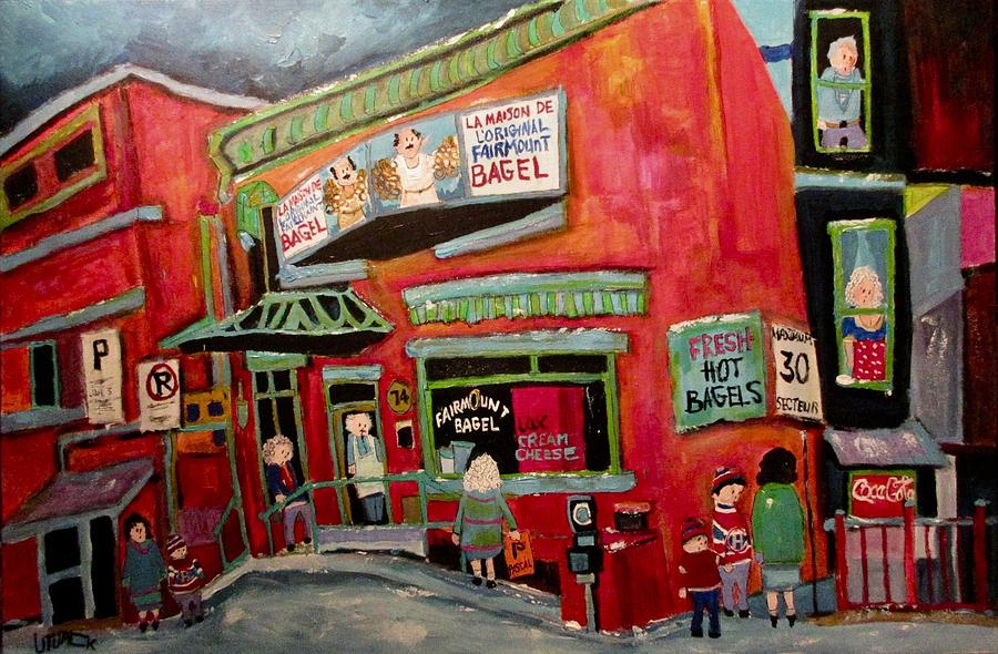 Uptown Ladies at the Bagel Factory Fairmount Painting by Michael Litvack