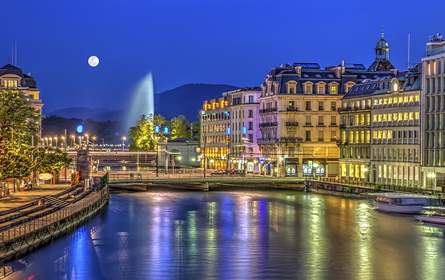 Urban view with famous fountain, Geneva, Switzerland, HDR Photograph by Elenarts - Elena Duvernay photo