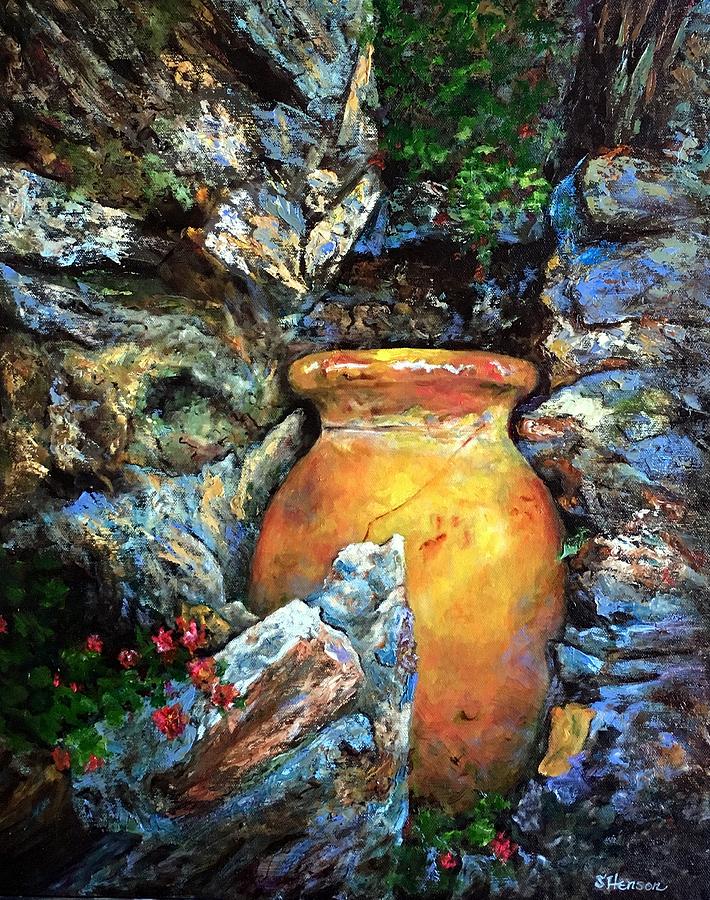 Flower Painting - Urn among the rocks by Sue Henson