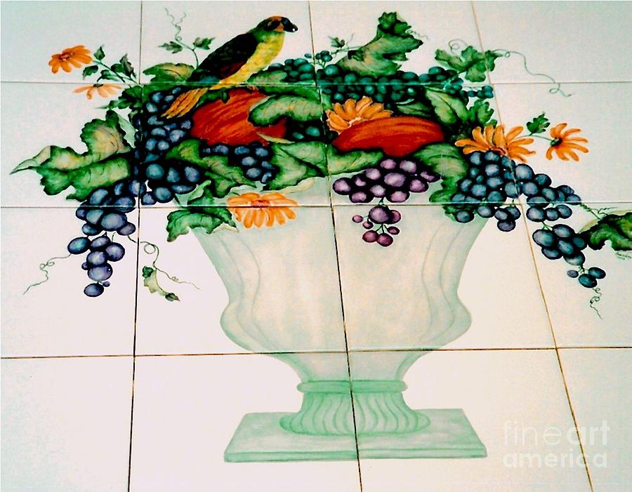 Fruit Ceramic Art - Urn of Fruit with Bird by Sandra Maddox