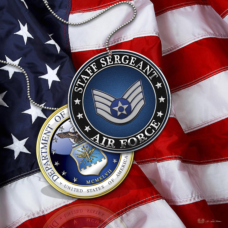 US Air Force Staff Sergeant - SSgt Rank Insignia over US Flag Digital Art by Serge Averbukh