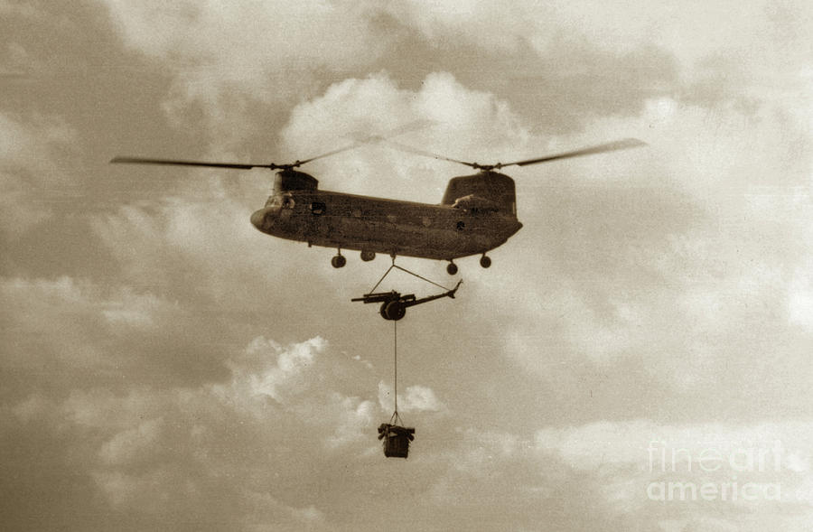 U.s. Army Photograph - U.S. Army Boeing CH-47 Chinook AKA Hook  brings in an 105mm  artillery 1968 RVN by Monterey County Historical Society