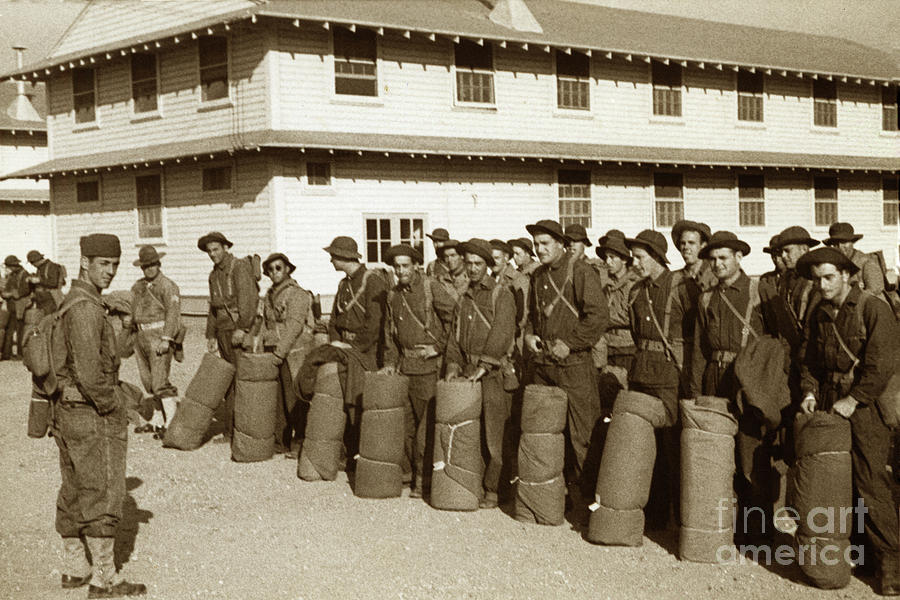 U.s. Army Photograph - U. S. Army troops in Bonnie hats, Web Gear with bed rolls  circa 1942 by Monterey County Historical Society