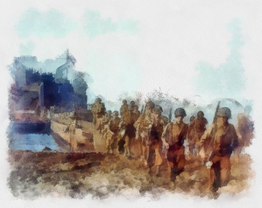 U.s. Army Troops On An Italian Beach Wwii Painting