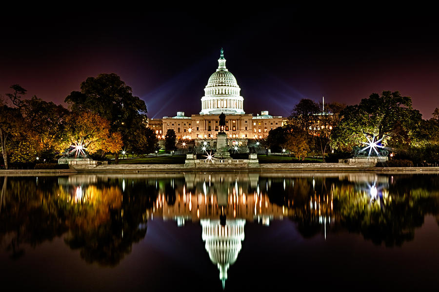 US Capitol Building and Reflecting Pool at Fall Night 1 Photograph by Val Black Russian Tourchin