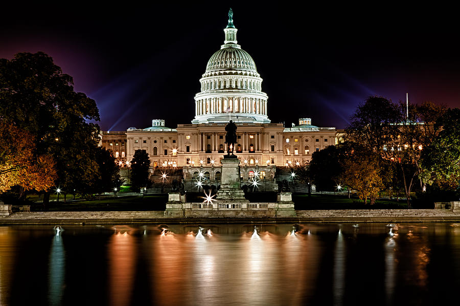 Washington Photograph - US Capitol Building and Reflecting Pool at Fall Night 3 by Val Black Russian Tourchin