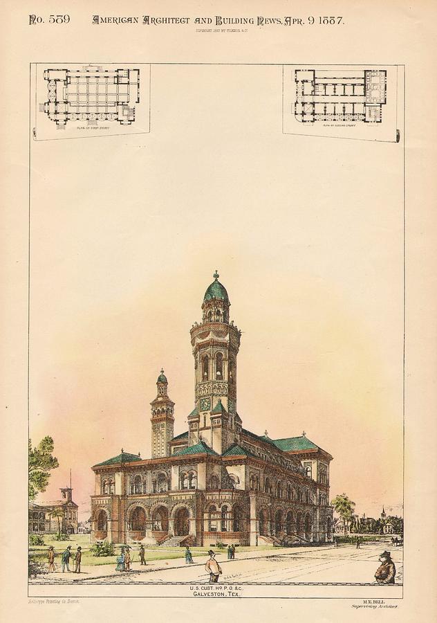 Architecture Painting - U.S. Custom House and Post Office. Gaveston TX. 1887 by M E Bell