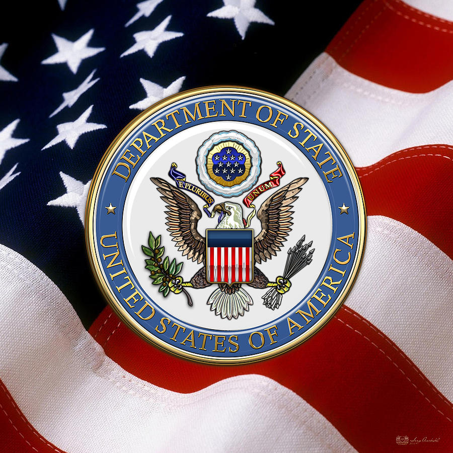 U. S. Department of State - DoS Emblem over U.S. Flag Digital Art by Serge Averbukh