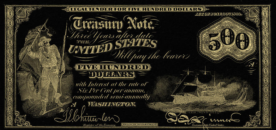 U.S. Five Hundred Dollar Bill - 1864 $500 USD Treasury Note in Gold on Black Digital Art by Serge Averbukh
