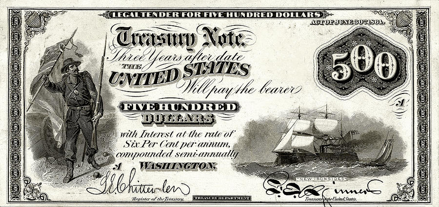 U.S. Five Hundred Dollar Bill - 1864 $500 USD Treasury Note  Digital Art by Serge Averbukh
