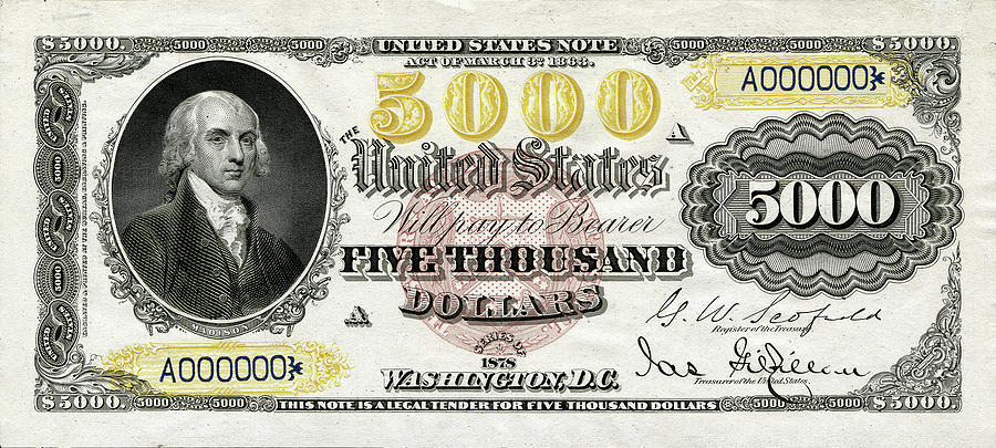 U.S. Five Thousand Dollar Bill - 1878 $5000 USD Treasury Note  Digital Art by Serge Averbukh