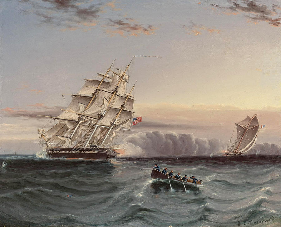 US Frigate and Privateer Painting by James Edward Buttersworth