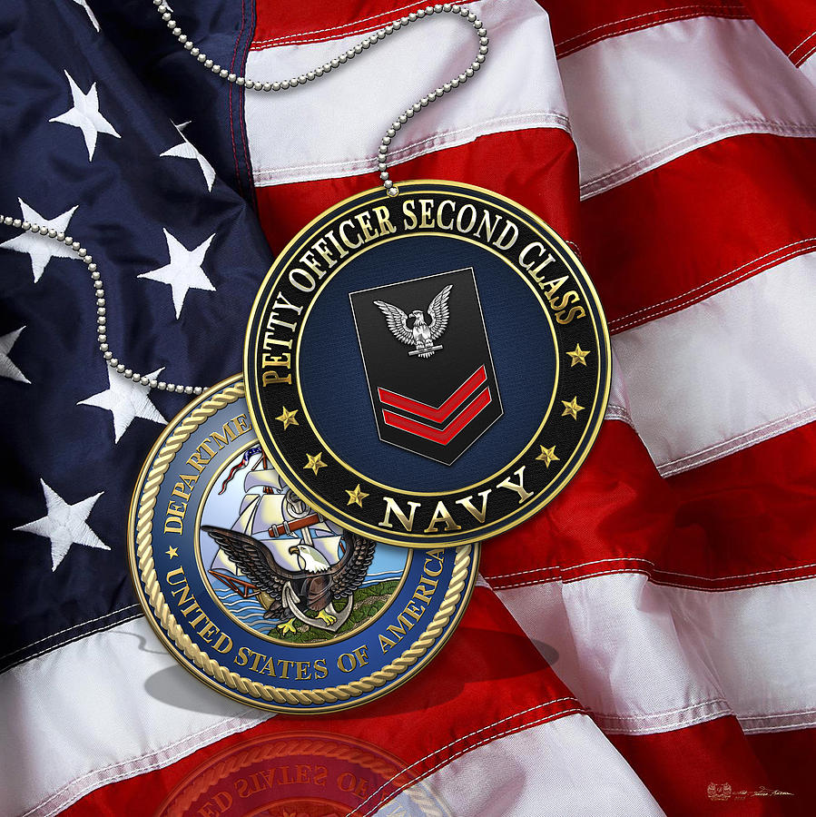 U.S. Navy Petty Officer Second Class - PO2 Rank Insignia over US Flag Digital Art by Serge Averbukh