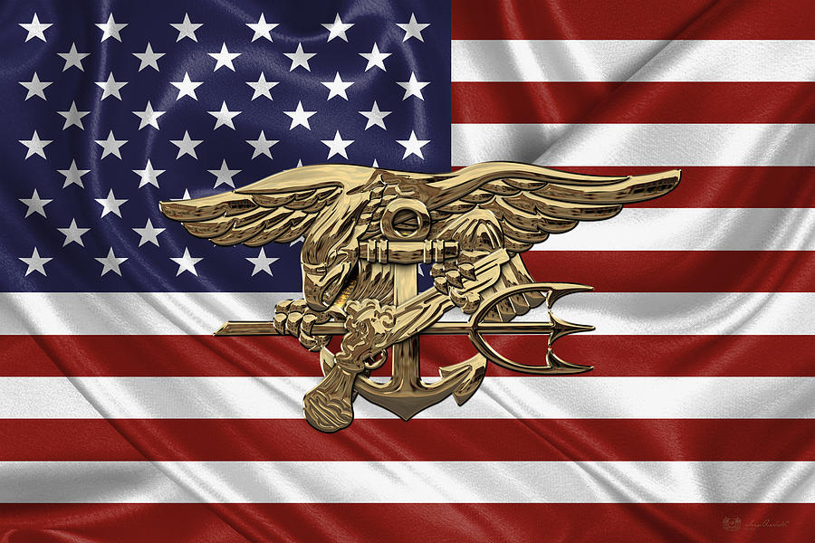 U.S. Navy SEALs Trident over U.S. Flag Digital Art by Serge Averbukh