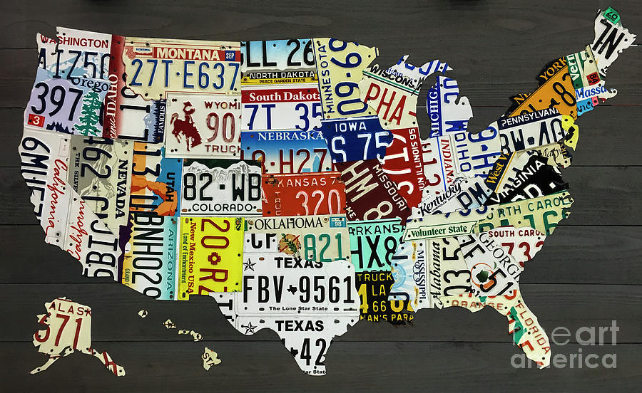 License Plate Map Of The United States On Gray Wood Boards Photograph