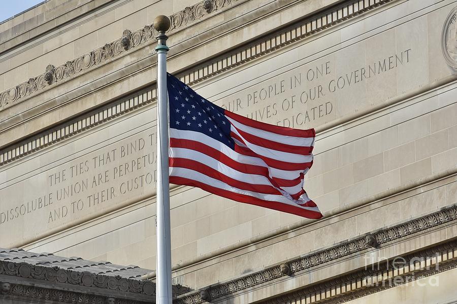 Washington D.c. Photograph - USA flag waving in front of National Archives building by JL Images