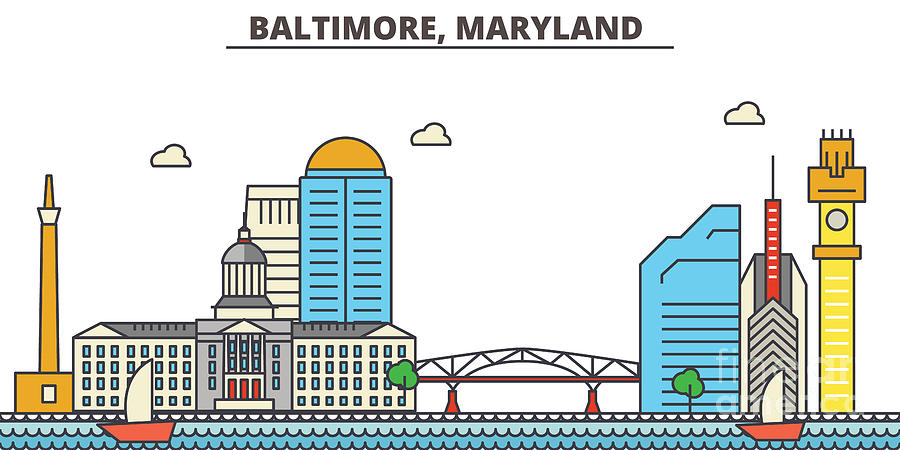 Usa, Maryland, Baltimore Skyline.City illustration with best landmarks