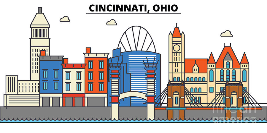 Cincinnati Painting - Usa, Ohio, Cincinnati Skyline.City illustration with best  landmarks. Line art style silhouette cityscape. Urban retro design. by Urbanakit