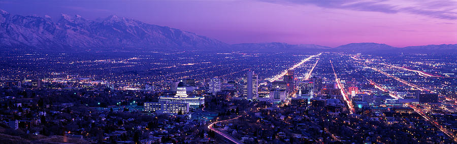 Usa, Utah, Salt Lake City, Aerial, Night Photograph by Panoramic Images