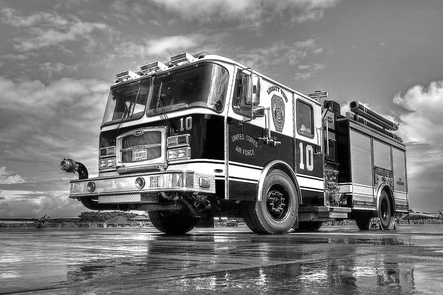 USAF Lakenheath Fire Truck in Black and White Photograph by Gill Billington