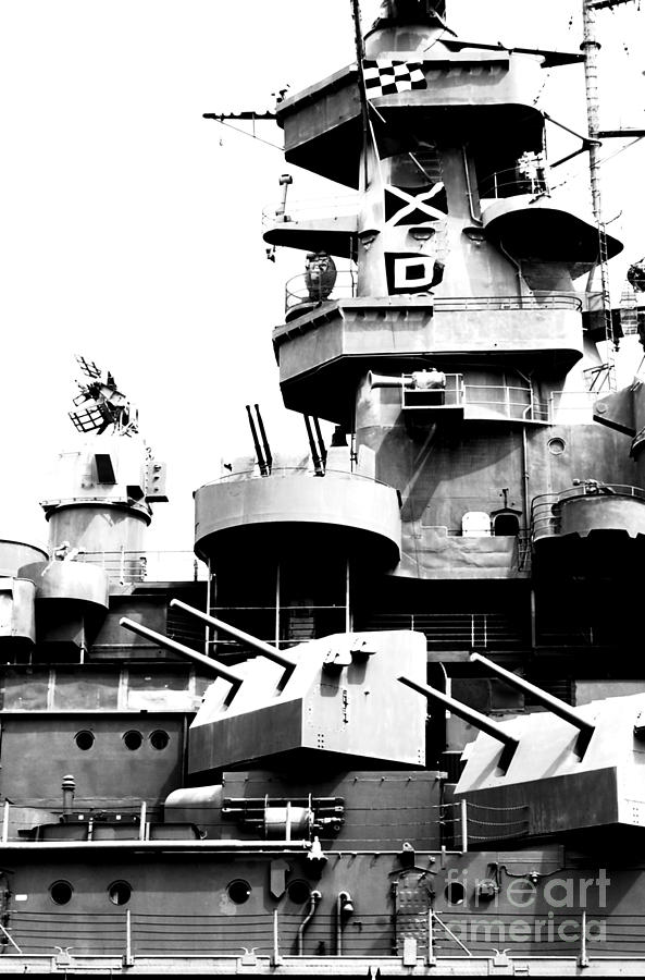USS Alabama Battleship Conning Tower Guns and Flags Mobile Alabama Black and White Digital Art Photograph by Shawn OBrien