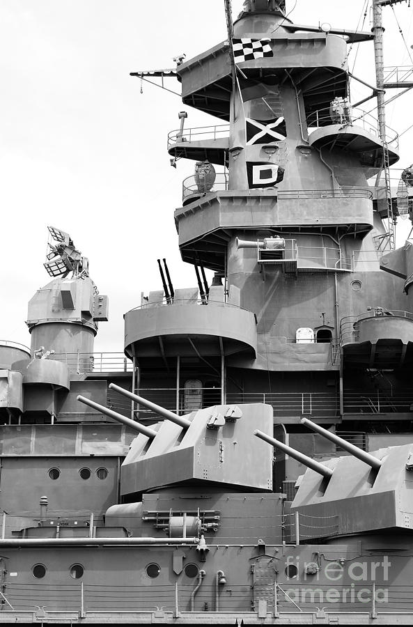 USS Alabama Battleship Conning Tower Guns and Flags Mobile Alabama Black and White Photograph by Shawn OBrien
