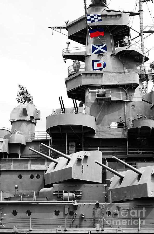 USS Alabama Battleship Conning Tower Guns and Flags Mobile Alabama Color Splash Digital Art Photograph by Shawn OBrien