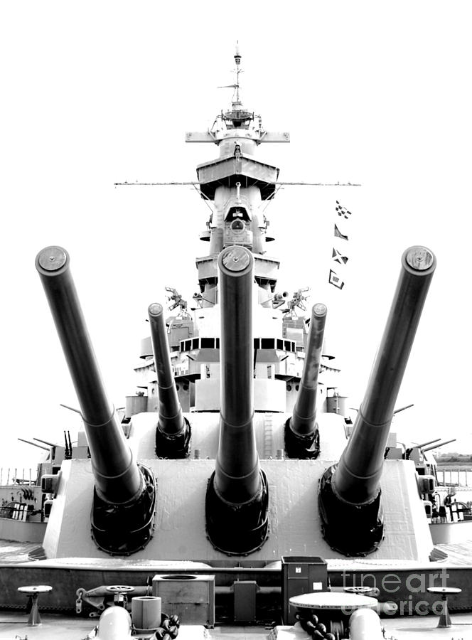 USS Alabama Battleship Guns Tower and Flags Mobile Alabama Black and White Digital Art Photograph by Shawn OBrien