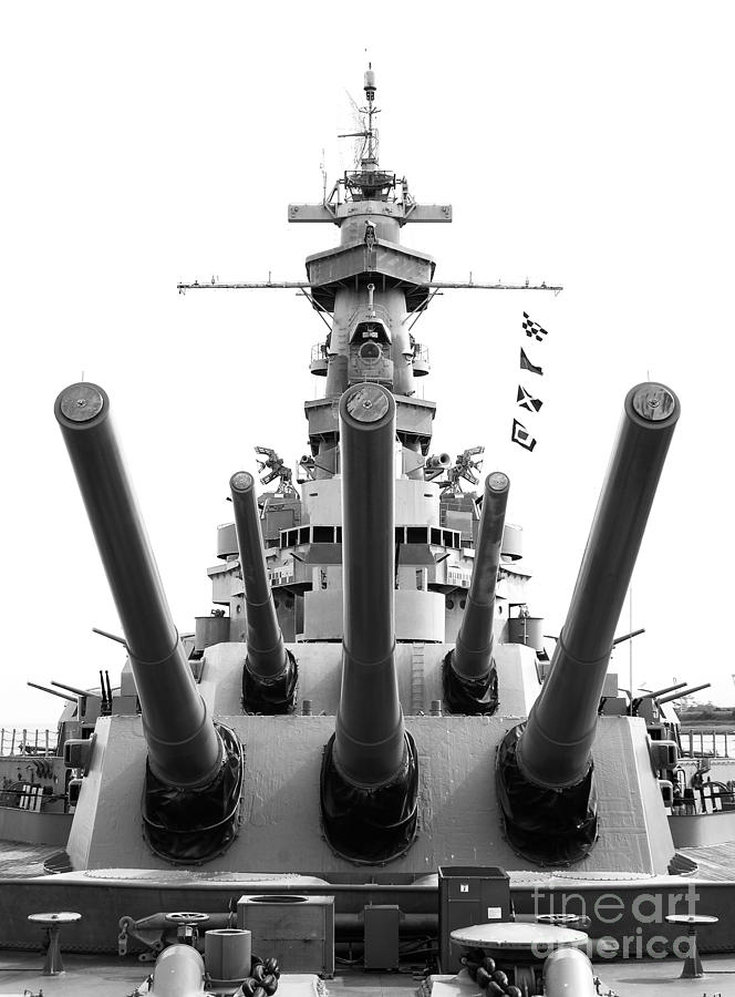USS Alabama Battleship Guns Tower and Flags Mobile Alabama Black and White Photograph by Shawn OBrien