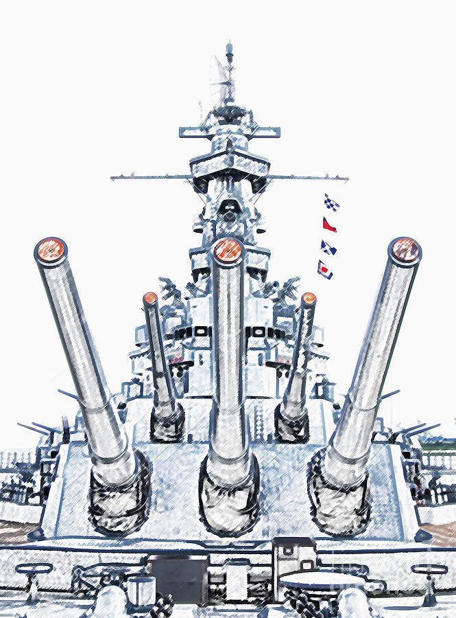 USS Alabama Battleship Guns Tower and Flags Mobile Alabama Colored Pencil Digital Art Photograph by Shawn OBrien