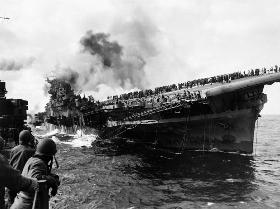 World War 2 Photograph - USS Franklin After Attack - 1945 by War Is Hell Store