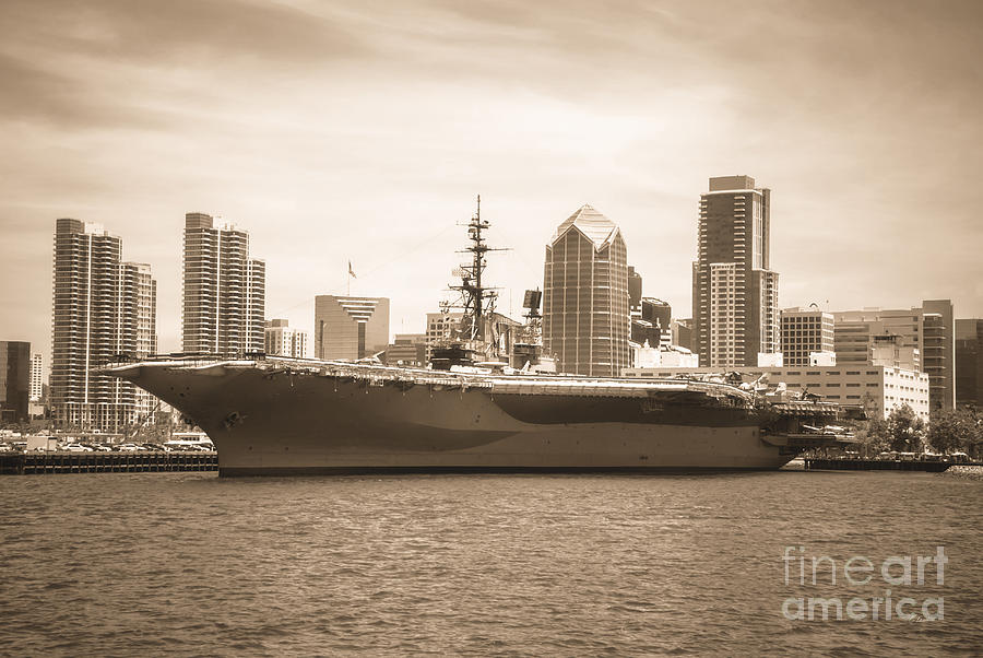 USS Midway Museoum Cv 41 Aircraft Carrier - SEPIA Photograph by Claudia Ellis