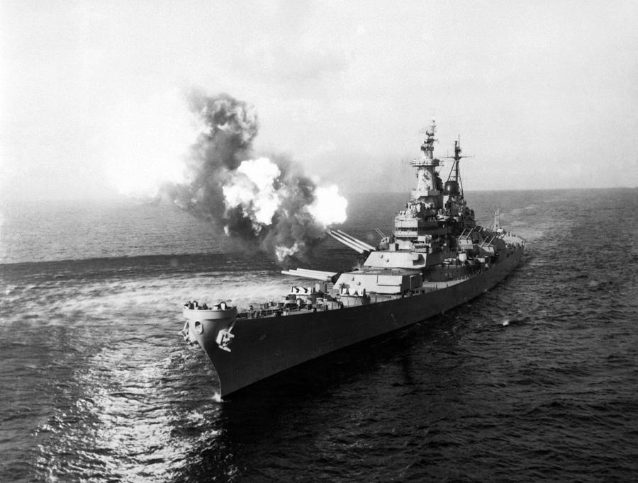 Uss Missouri Photograph - USS Missouri Firing Salvo - Korean War - 1950 by War Is Hell Store