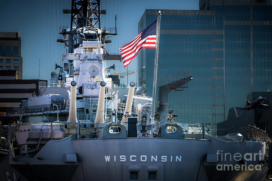 Uss Wisconsin With American Flag Photograph