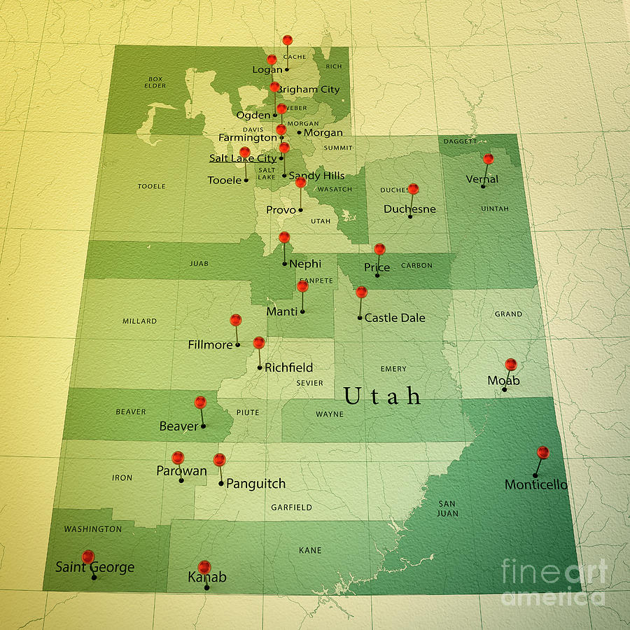 Vintage Digital Art - Utah Map Square Cities Straight Pin Vintage by Frank Ramspott